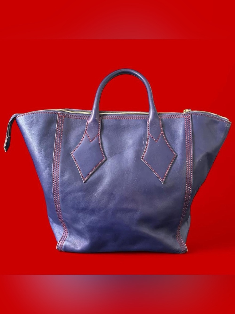 VIVIENNE WESTWOOD • RARE Authentic Vintage GIANT Blue Leather Gold Orb Tote Bag - Picture 5 of 13
